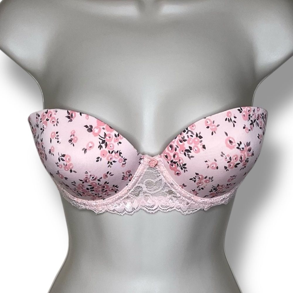Laura Ashley Pink Peach Floral Strapless Push Up Bra Lace Women 34C No Straps